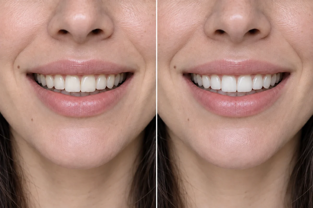 Comparativo ilustrativo de sorriso, antes e depois simulados, sem resultado clínico real