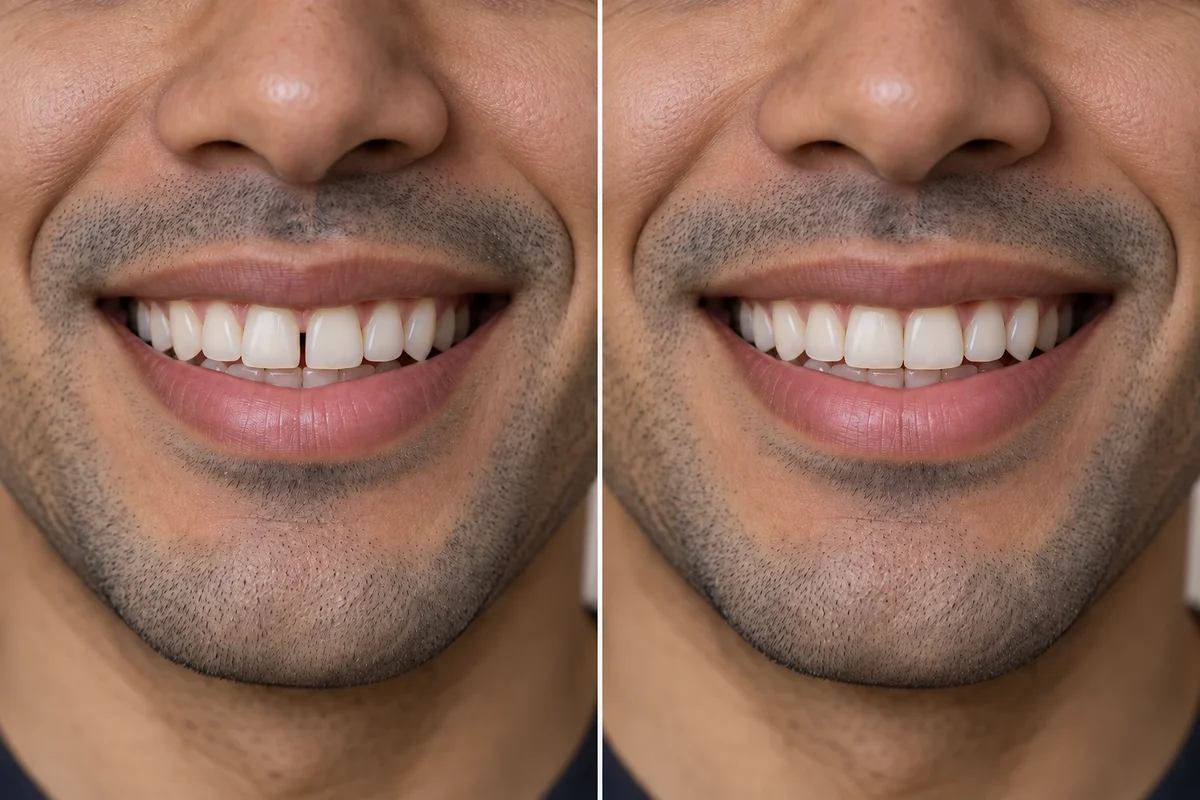 Comparativo ilustrativo de sorriso, antes e depois simulados, sem resultado clínico real